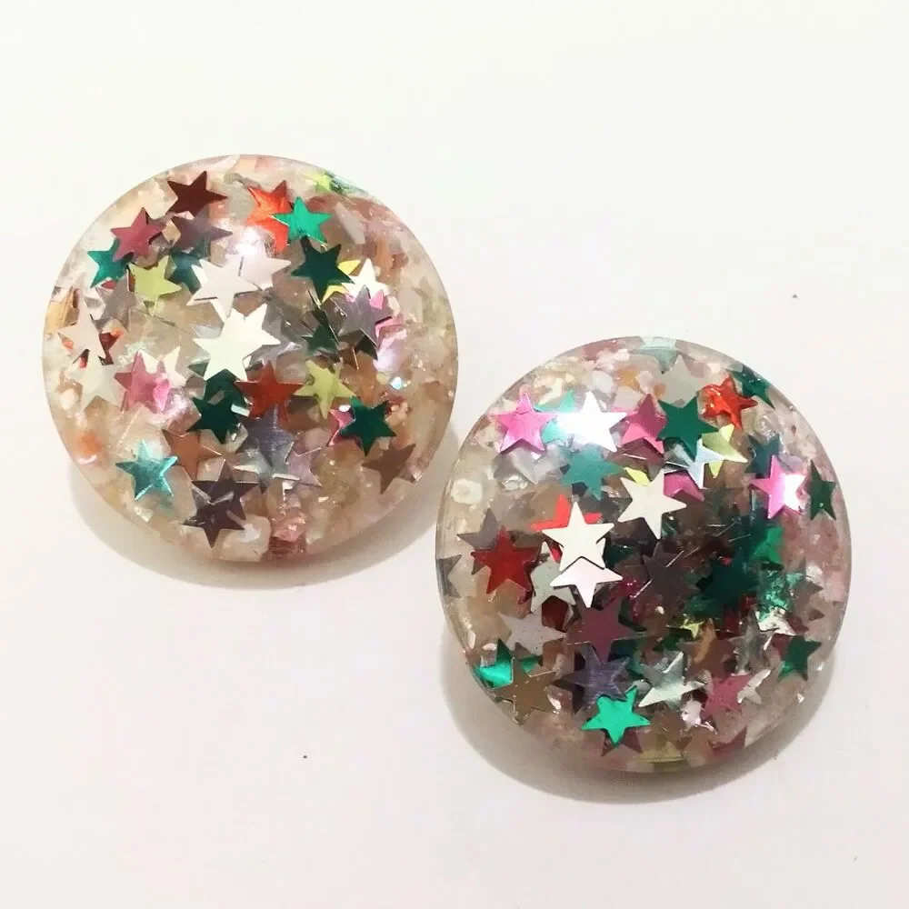 Vintage Mid Century Star Confetti Lucite Clip Earrings Colorful Retro 1960s
